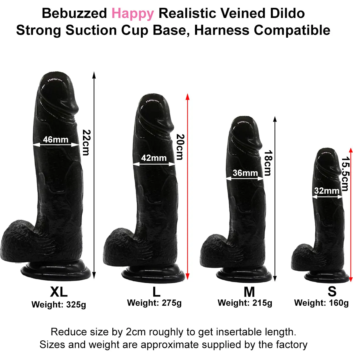 Bebuzzed Happy 7 Realistic Dildo Veined Balls Suction Cup Black