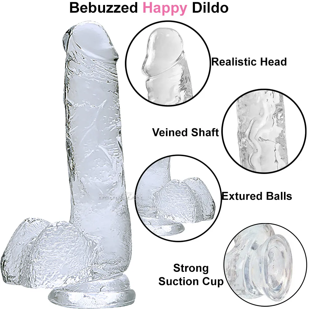 Bebuzzed Happy 8.5 Realistic Dildo Veined Balls Suction Cup Clear