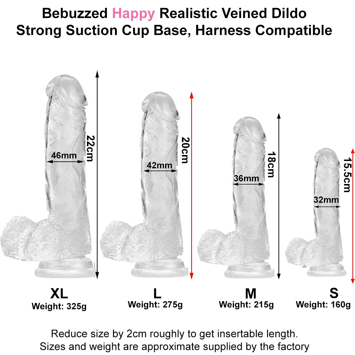 Bebuzzed Happy 8.5 Realistic Dildo Veined Balls Suction Cup Clear