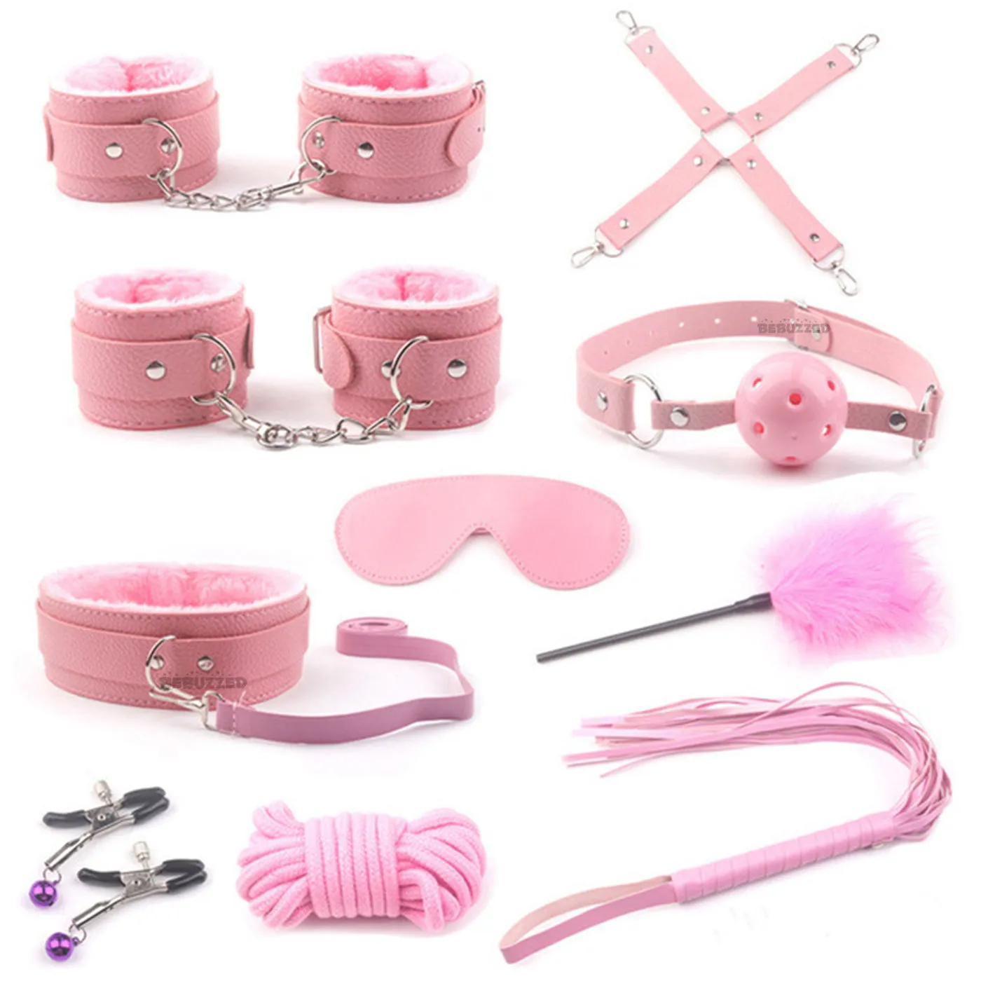 Bebuzzed Kinky BDSM Kit Couples Bondage Set Restraints Pink