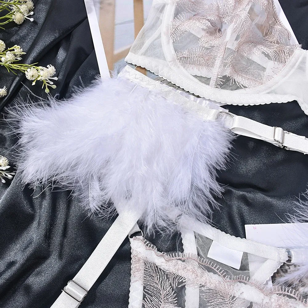 Love Me Lace Erotic Underwear with Feathers 4 Sets