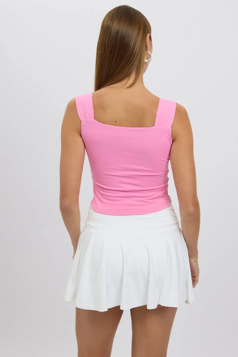 Pink Crop Top Square Neck With Ribbons