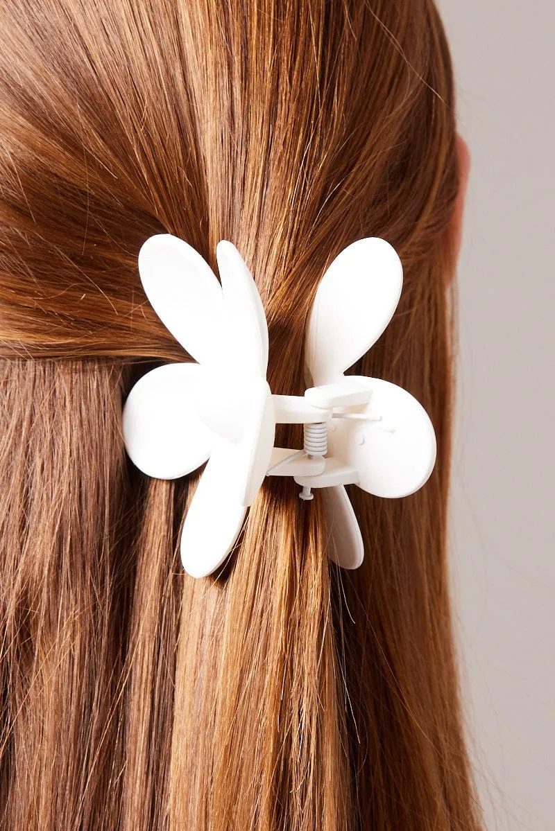 White Floral Design Hair Claw Clip